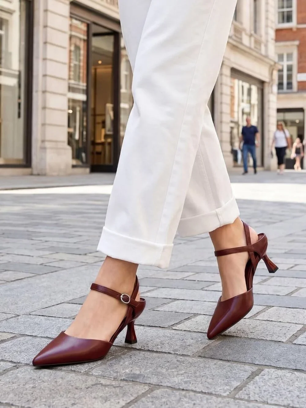 Women's Burgundy Kitten Heels Closed Pointed Toe Pumps Adjustable Strap Shoes